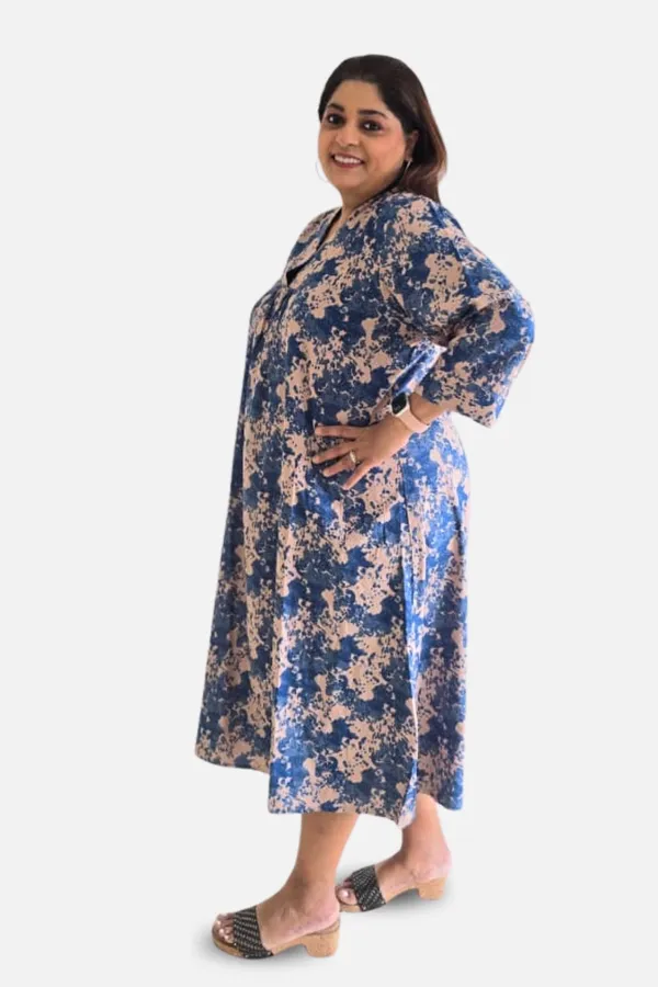 Blue_Rayon_Floral_3/4_Sleeve_Midi_Dress_For_Women