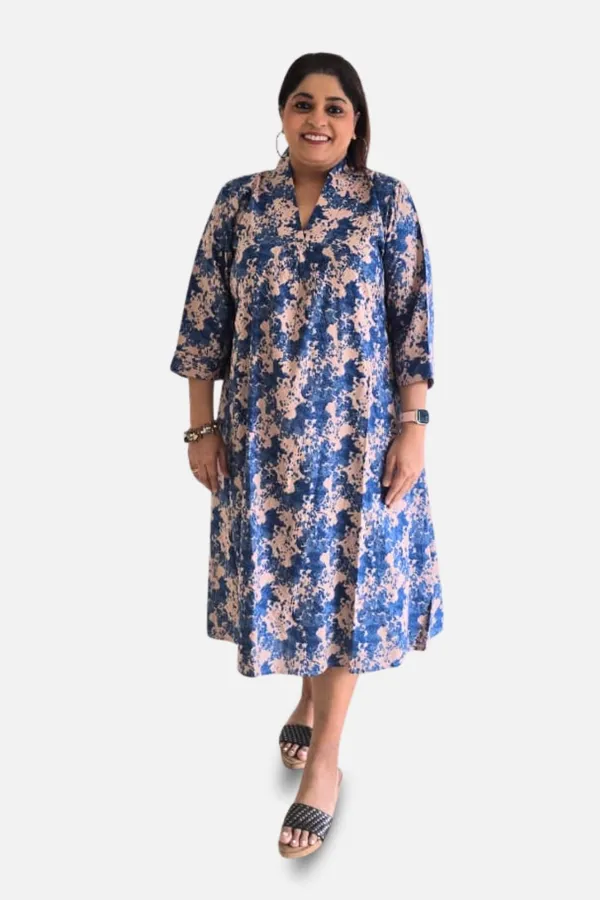 Blue_Rayon_Floral_3/4_Sleeve_Midi_Dress_For_Women