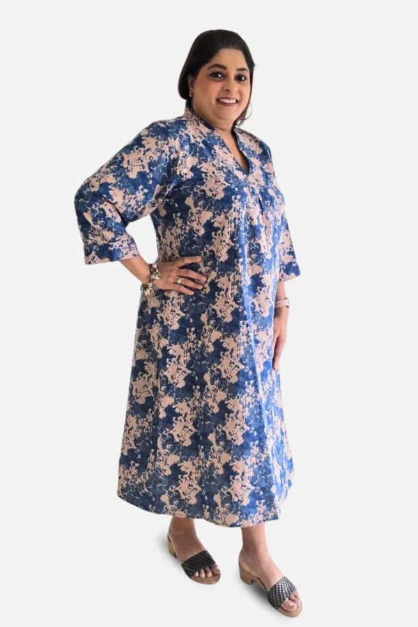 Blue_Rayon_Floral_3/4_Sleeve_Midi_Dress_For_Women