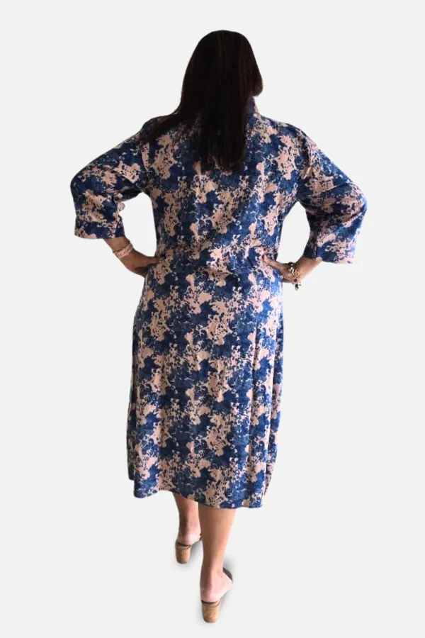 Blue_Rayon_Floral_3/4_Sleeve_Midi_Dress_For_Women