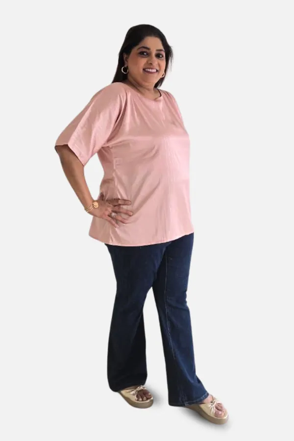 Light_Pink_Satin_Elbow_Sleeve_Regular_Top_For_Women