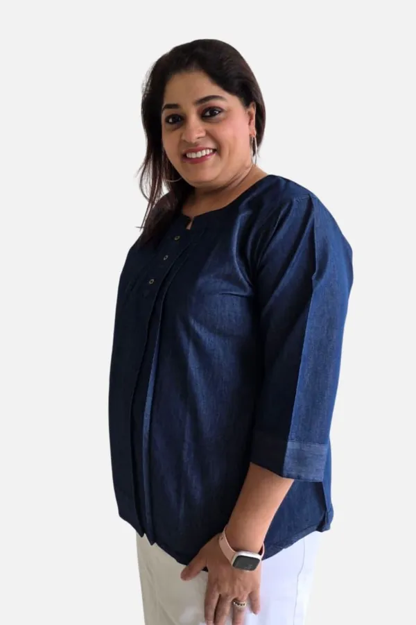 Blue_Denim_Relaxed_Fit_3/4_Sleeve_Top_For_Women