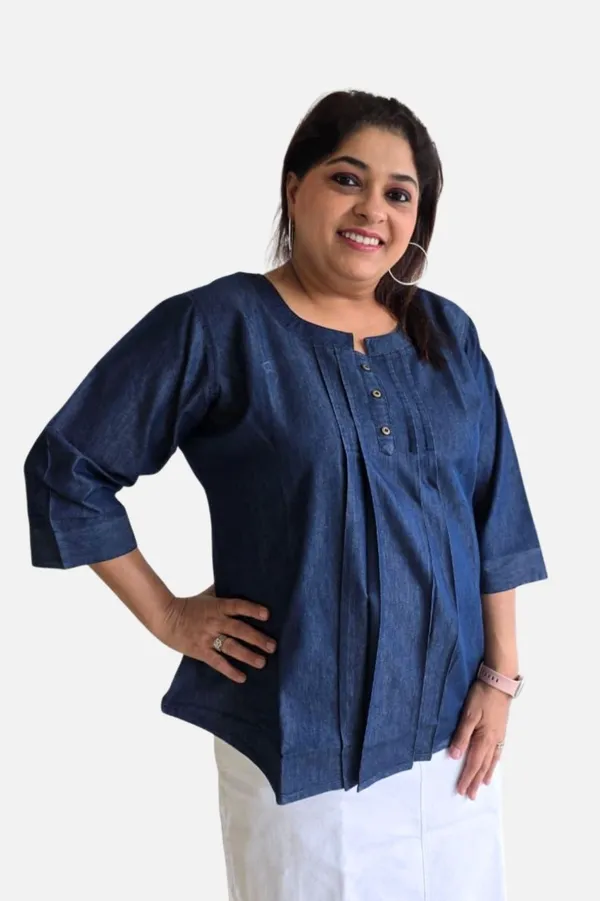 Blue_Denim_Relaxed_Fit_3/4_Sleeve_Top_For_Women