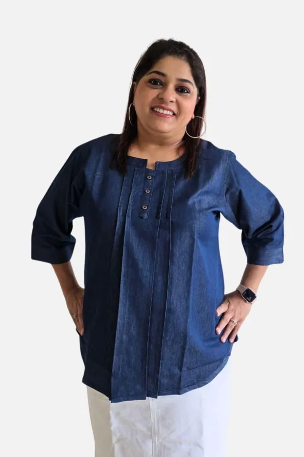 Blue_Denim_Relaxed_Fit_3/4_Sleeve_Top_For_Women