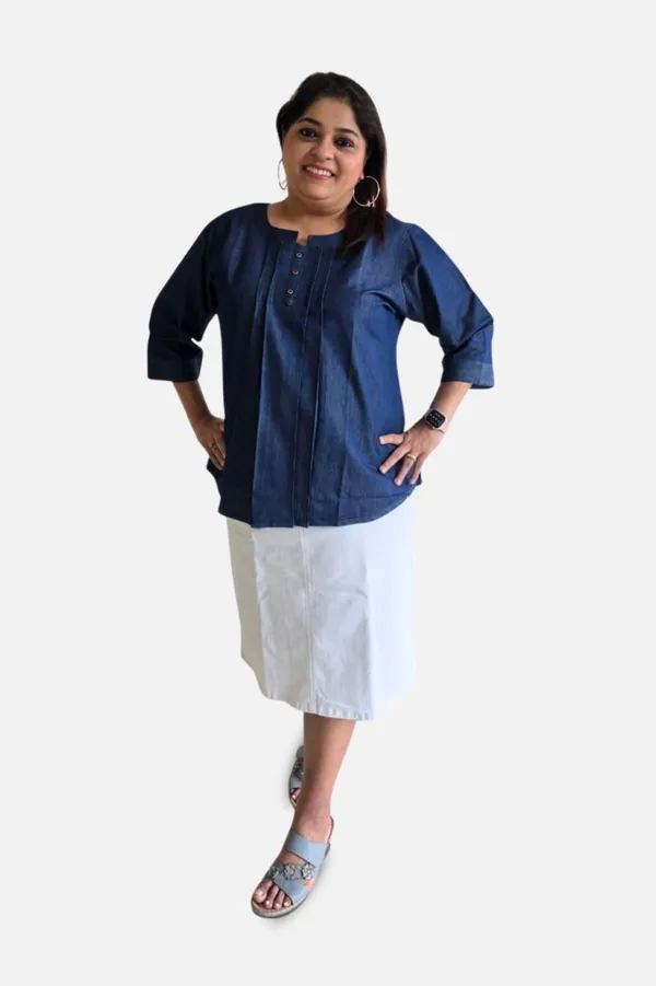 Blue_Denim_Relaxed_Fit_3/4_Sleeve_Top_For_Women