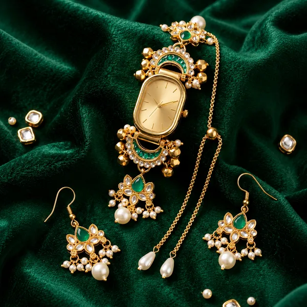 Gold_Tone_Emerald_Pearl_Watch_And_Earrings_Set