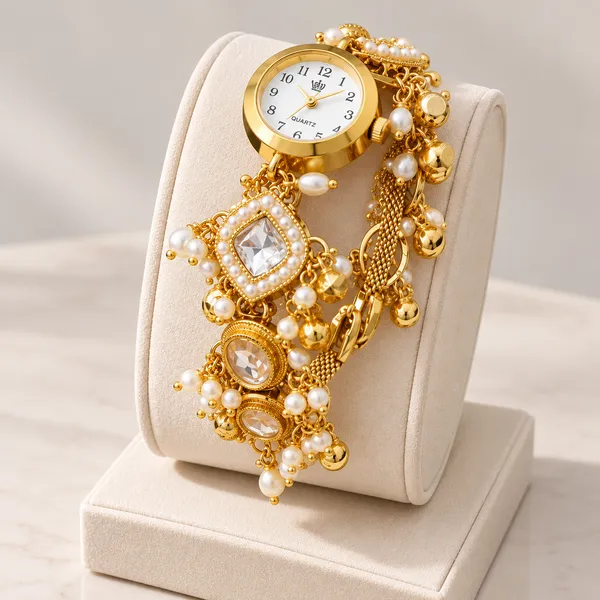 Gold_Tone_Pearl_Embellished_Bracelet_Watch_For_Women