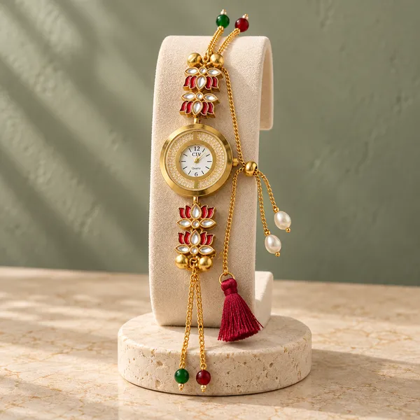 Red_Gold_Tone_Floral_Watch_Rakhi_For_Brothers