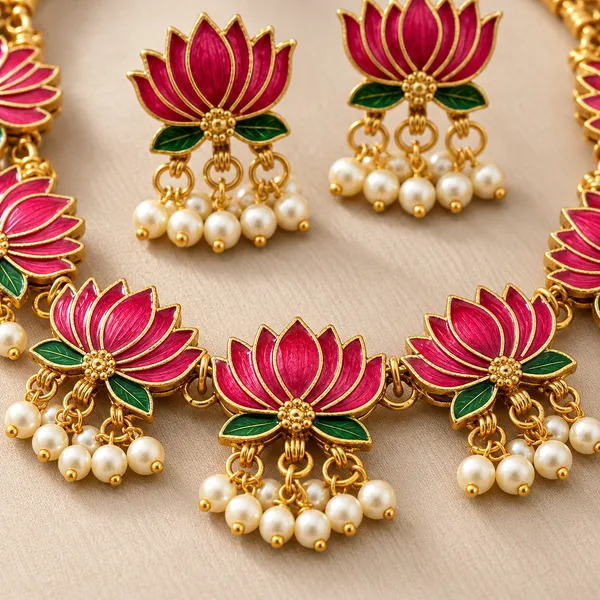Gold-Tone_Lotus_Pearl_Necklace_Set_For_Women