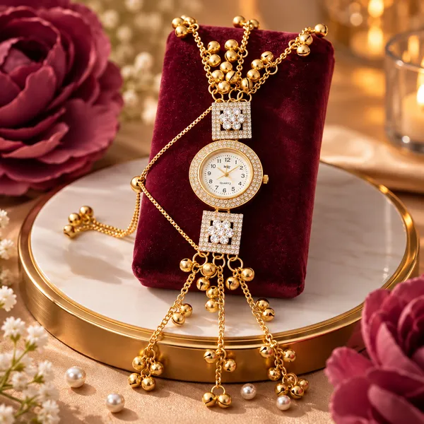 Gold-Tone_Embellished_Bracelet_Watch_For_Women