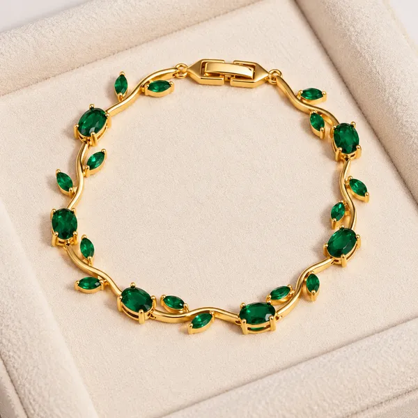 Gold_Tone_Green_Stone_Leaf_Bracelet_For_Women