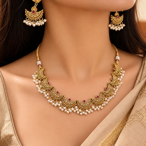 Gold_Tone_Traditional_Necklace_And_Earring_Set_For_Women