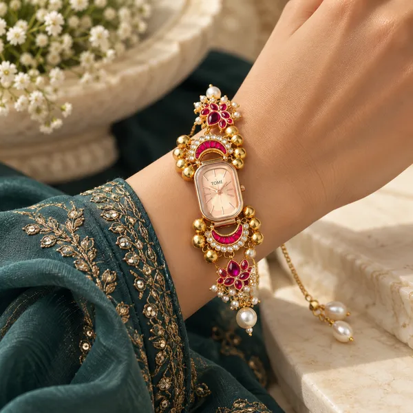 Gold_Floral_Embellished_Bracelet_Watch_For_Women