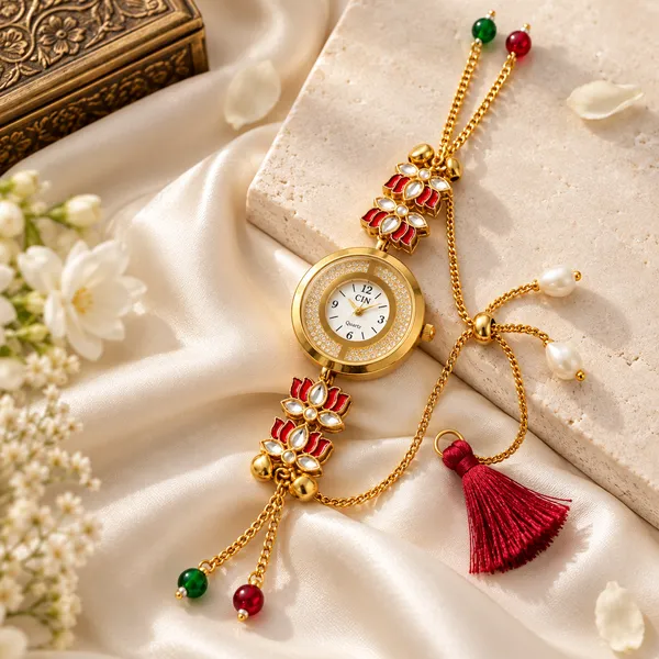 Red_Gold_Tone_Floral_Watch_Rakhi_For_Brothers