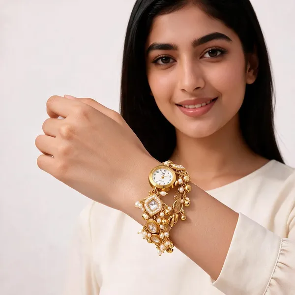 Gold_Tone_Pearl_Embellished_Bracelet_Watch_For_Women