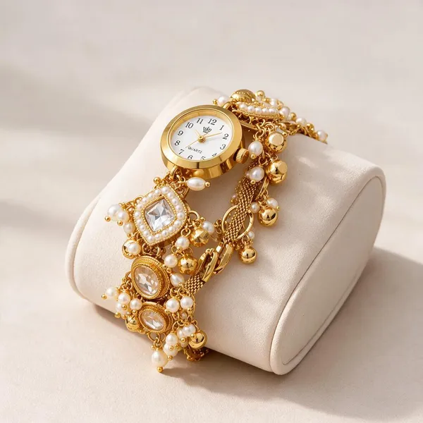 Gold_Tone_Pearl_Embellished_Bracelet_Watch_For_Women