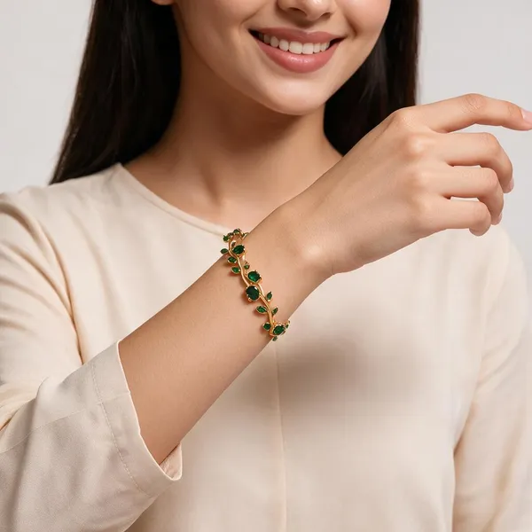 Gold_Tone_Green_Stone_Leaf_Bracelet_For_Women