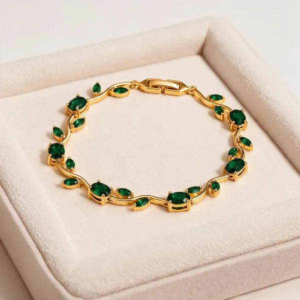 Gold_Tone_Green_Stone_Leaf_Bracelet_For_Women