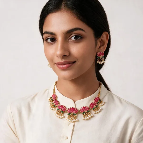 Gold-Tone_Lotus_Pearl_Necklace_Set_For_Women