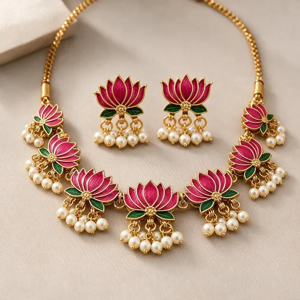 Gold-Tone_Lotus_Pearl_Necklace_Set_For_Women