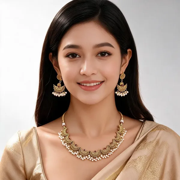 Gold_Tone_Traditional_Necklace_And_Earring_Set_For_Women