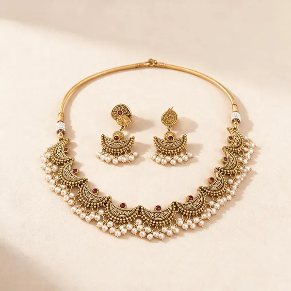 Gold_Tone_Traditional_Necklace_And_Earring_Set_For_Women