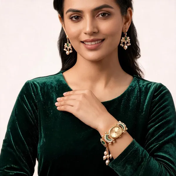 Gold_Tone_Emerald_Pearl_Watch_And_Earrings_Set