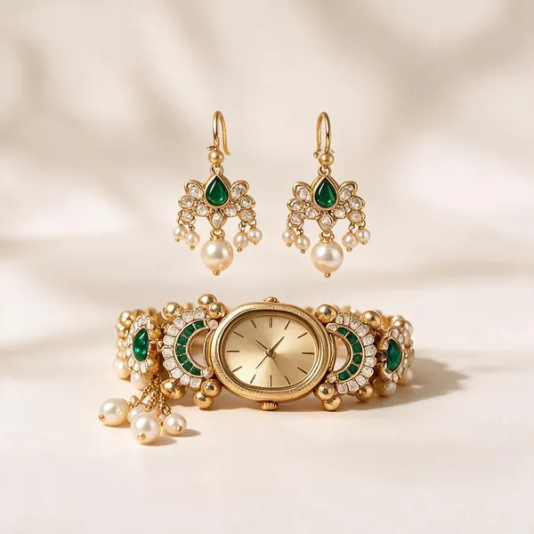 Gold_Tone_Emerald_Pearl_Watch_And_Earrings_Set