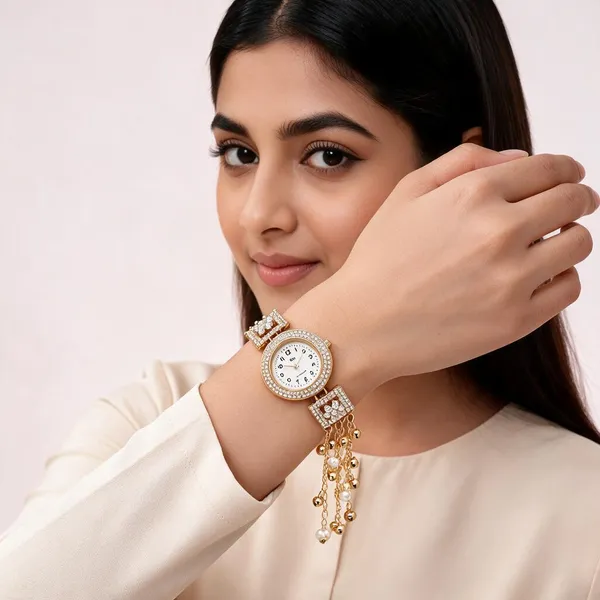 Gold-Tone_Embellished_Bracelet_Watch_For_Women