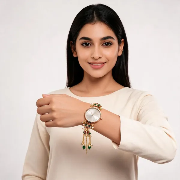 Gold_Tone_Floral_Analog_Bracelet_Watch_For_Women