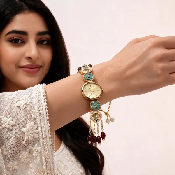 Gold_Tone_Beaded_Bracelet_Watch_For_Women