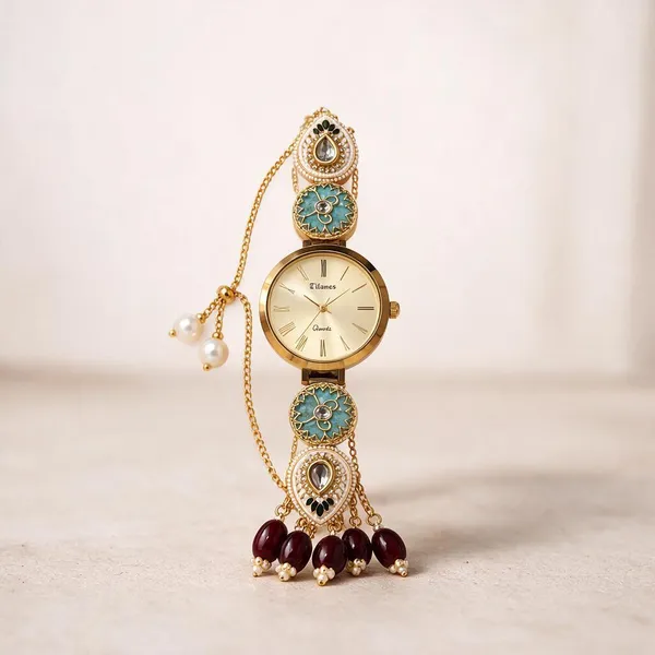 Gold_Tone_Beaded_Bracelet_Watch_For_Women