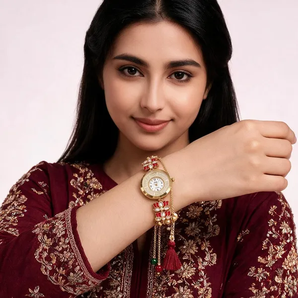 Red_Gold_Tone_Floral_Watch_Rakhi_For_Brothers