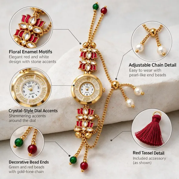 Red_Gold_Tone_Floral_Watch_Rakhi_For_Brothers