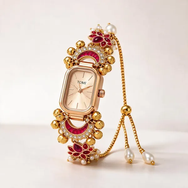 Gold_Floral_Embellished_Bracelet_Watch_For_Women