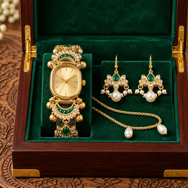 Gold_Tone_Emerald_Pearl_Watch_And_Earrings_Set
