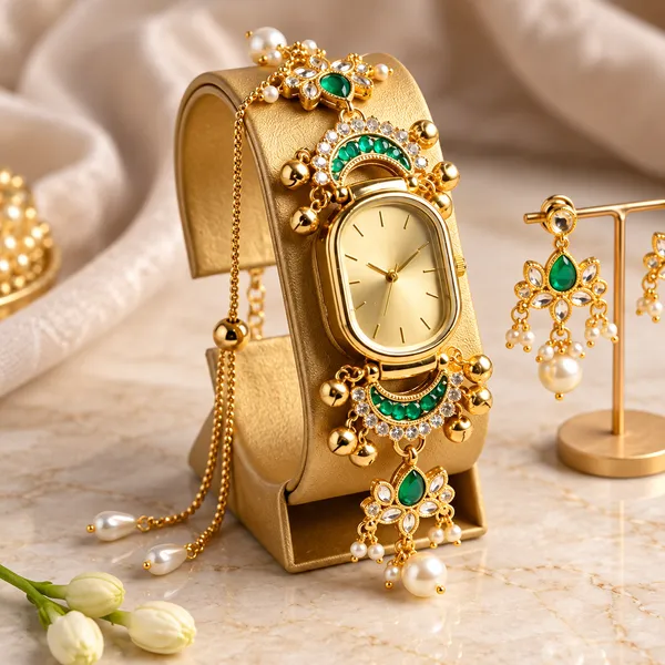 Gold_Tone_Emerald_Pearl_Watch_And_Earrings_Set