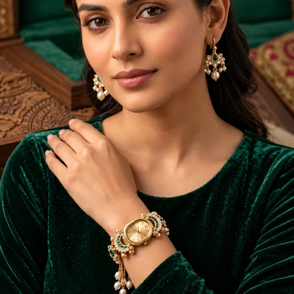 Gold_Tone_Emerald_Pearl_Watch_And_Earrings_Set