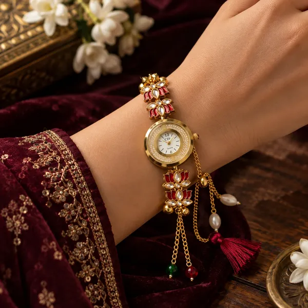 Red_Gold_Tone_Floral_Watch_Rakhi_For_Brothers
