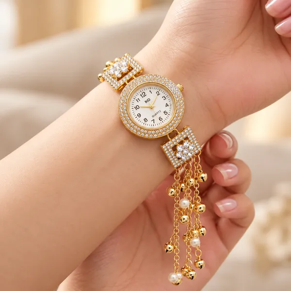 Gold-Tone_Embellished_Bracelet_Watch_For_Women