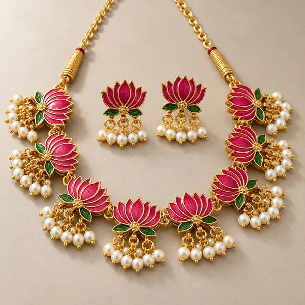 Gold-Tone_Lotus_Pearl_Necklace_Set_For_Women