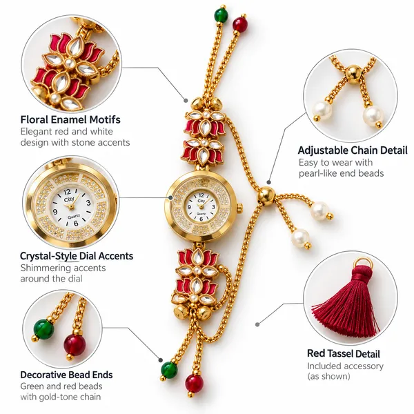 Red_Gold_Tone_Floral_Watch_Rakhi_For_Brothers