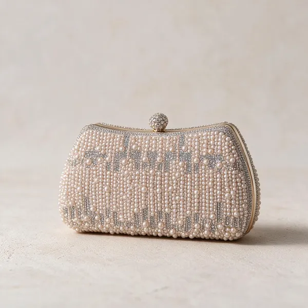 White_Satin_Pearl_Embellished_Metal_Frame_Clutch_Bag_For_Women
