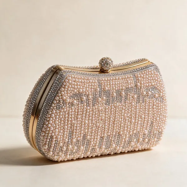 White_Satin_Pearl_Embellished_Metal_Frame_Clutch_Bag_For_Women
