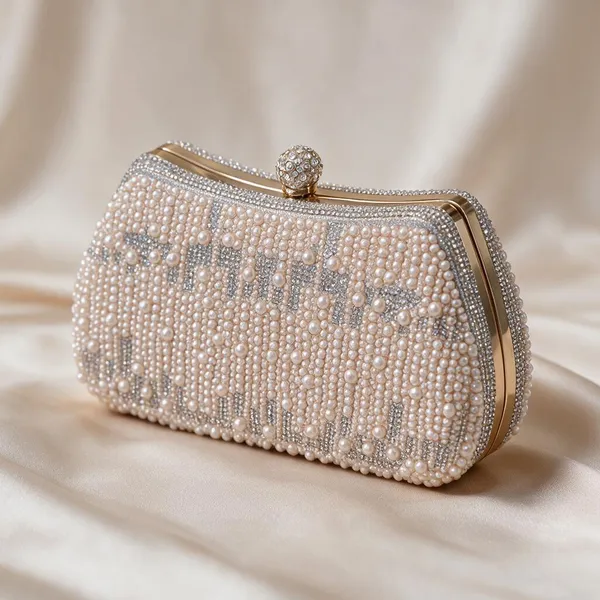 White_Satin_Pearl_Embellished_Metal_Frame_Clutch_Bag_For_Women