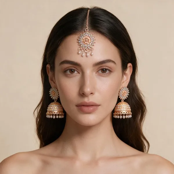Gold_Zircon_Pearl_Plated_Alloy_Jhumka_Set_With_Maang_Tikka_For_Women