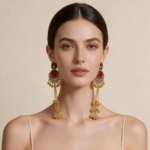 Antique_Black_Maroon_Stone_Gold_Ghungroo_Long_Traditional_Earrings_For_Women_Pack_Of_2