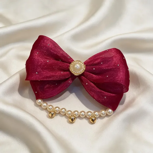 Maroon_Red_Satin_Pearl_Chain_Rhinestone_Bow_Hair_Clip_For_Women_Pack_Of_4