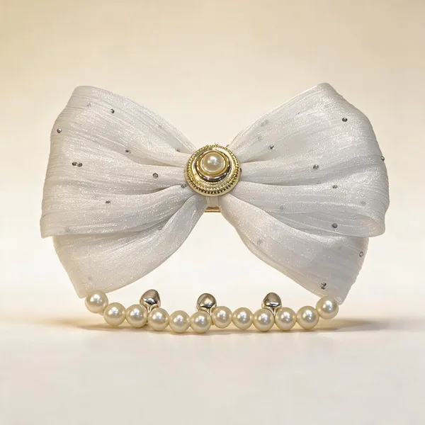 White_Gold_Satin_Pearl_Rhinestone_Korean_Bow_Hair_Clip_For_Women_Pack_Of_4