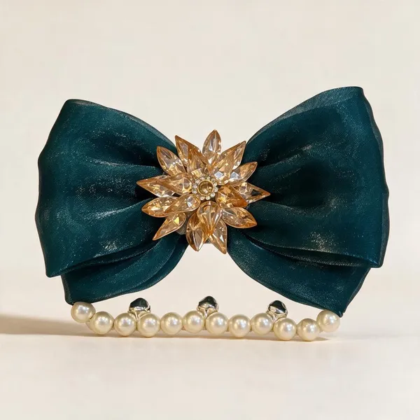 Teal_Blue_Satin_Crystal_Flower_Pearl_Chain_Bow_Hair_Clip_For_Women_Pack_Of_4